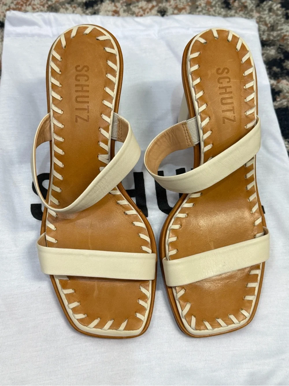 SCHUTZ Cream Leather Whipstitch Square Toe Block Heel Sandals Size 6